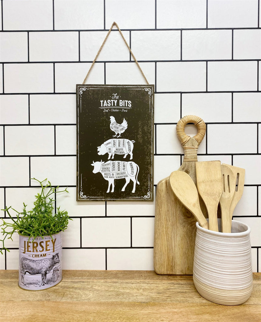 The Tasty Bits Wooden Hanging Plaque in Brown - Shades 4 Seasons
