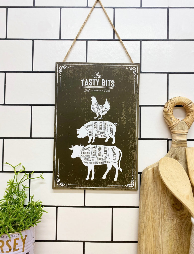The Tasty Bits Wooden Hanging Plaque in Brown - Shades 4 Seasons
