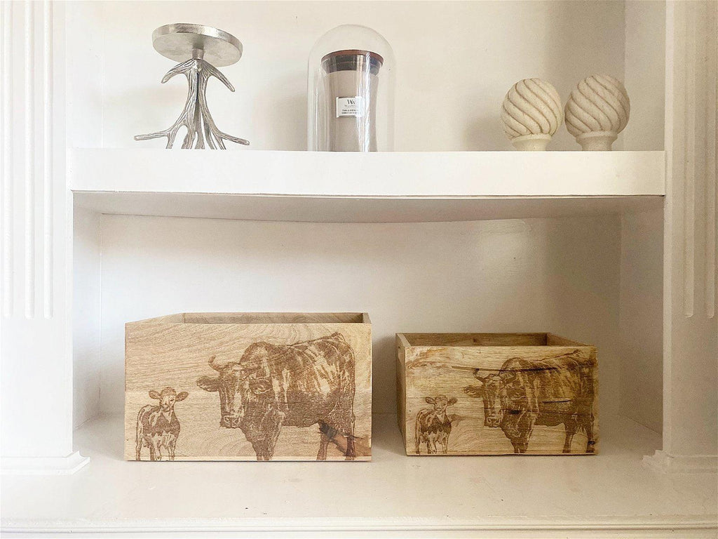 Set Of Two Engraved Cow Crates - Shades 4 Seasons