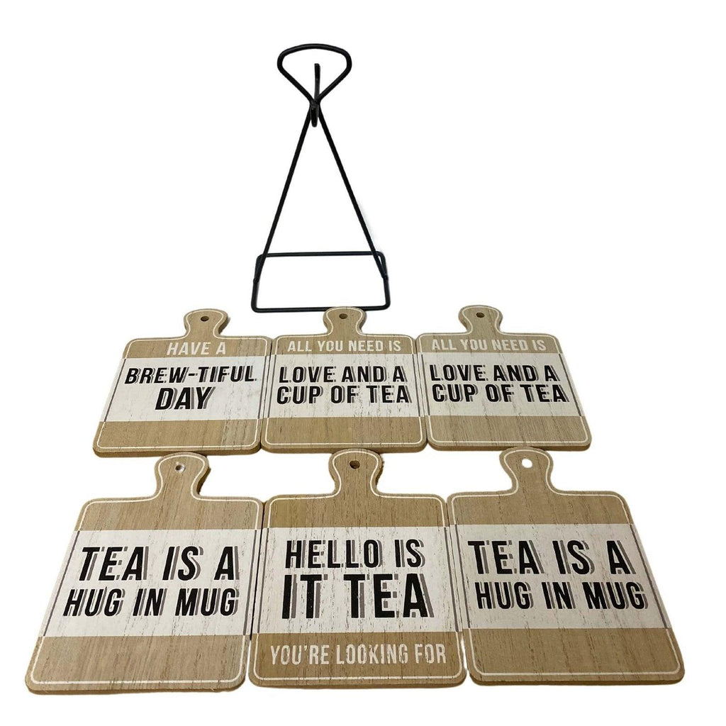 Set of Six Tea Slogan Coasters On Metal Stand - Shades 4 Seasons