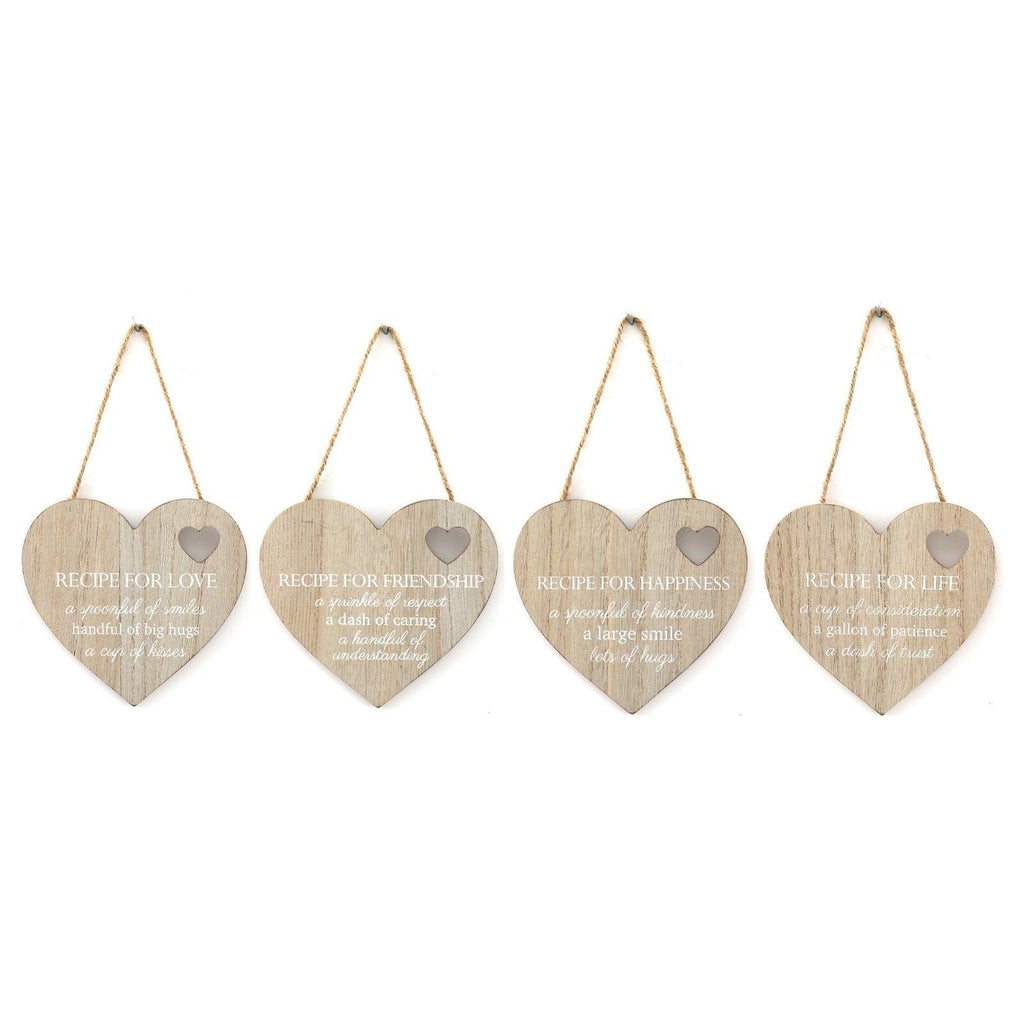 Set of 4 Wood Hanging White Etched Life Recipe Heart Plaque - Shades 4 Seasons