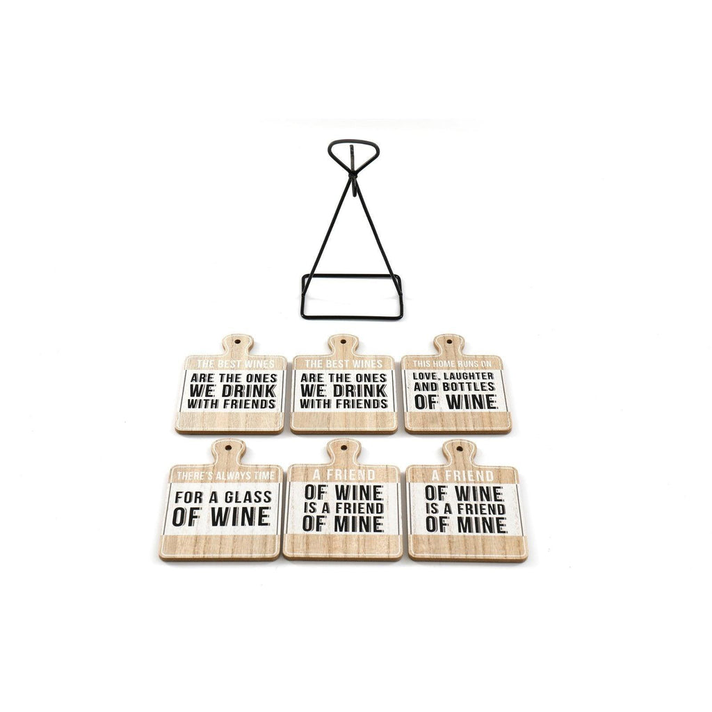 Set of Six Wine Slogan Coasters On Metal Stand - Shades 4 Seasons