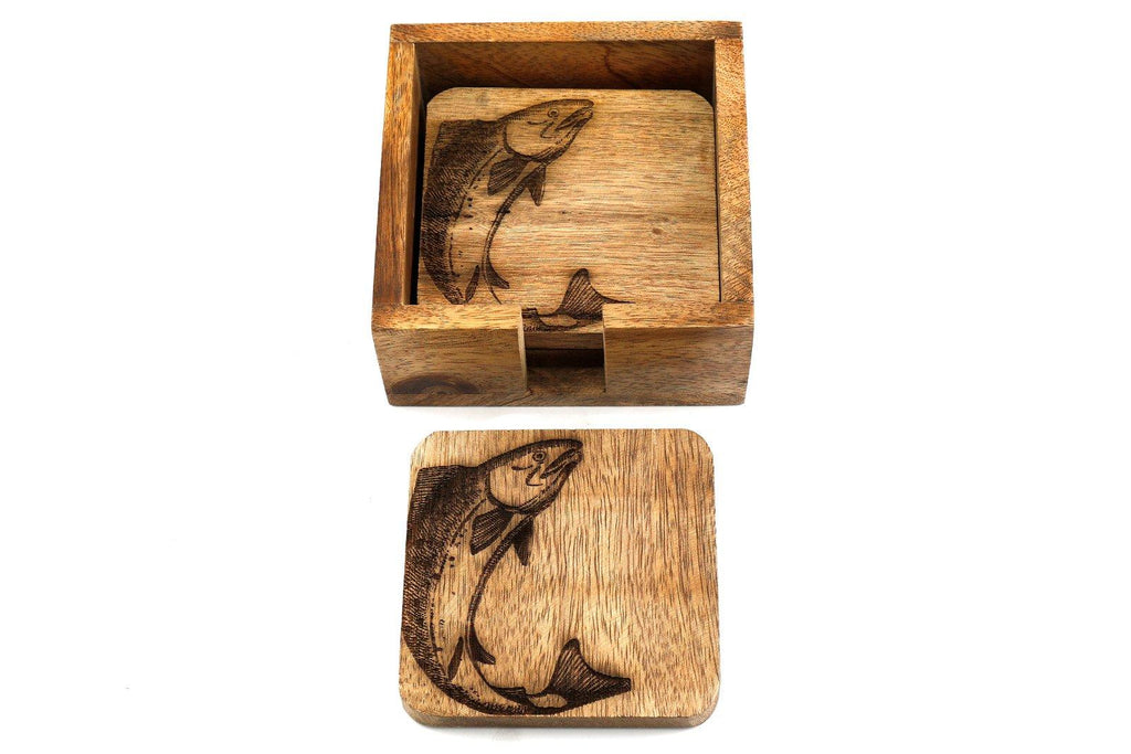 Set Of Four Wooden Engraved Salmon Coasters - Shades 4 Seasons