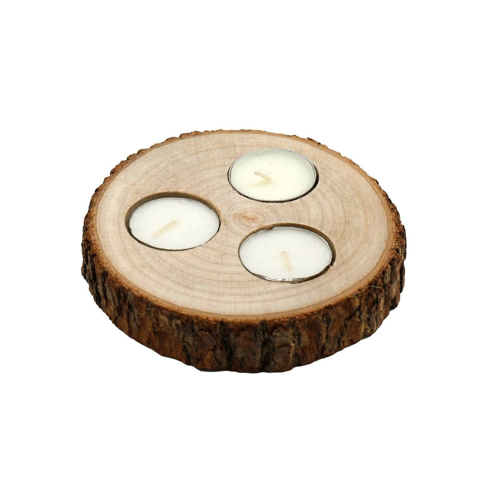 Wooden Triple Tealight Holder with Bark Detail - Shades 4 Seasons