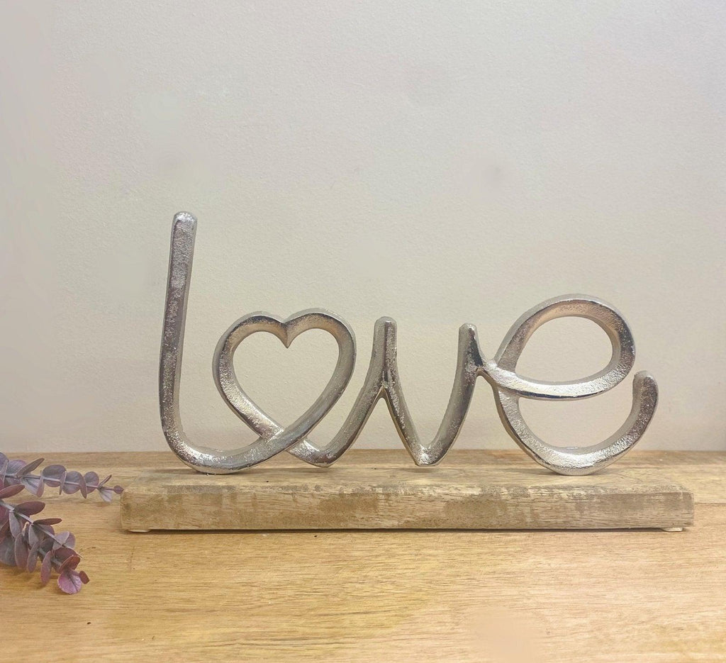 Metal Silver Love Ornament On A Wooden Base - Shades 4 Seasons