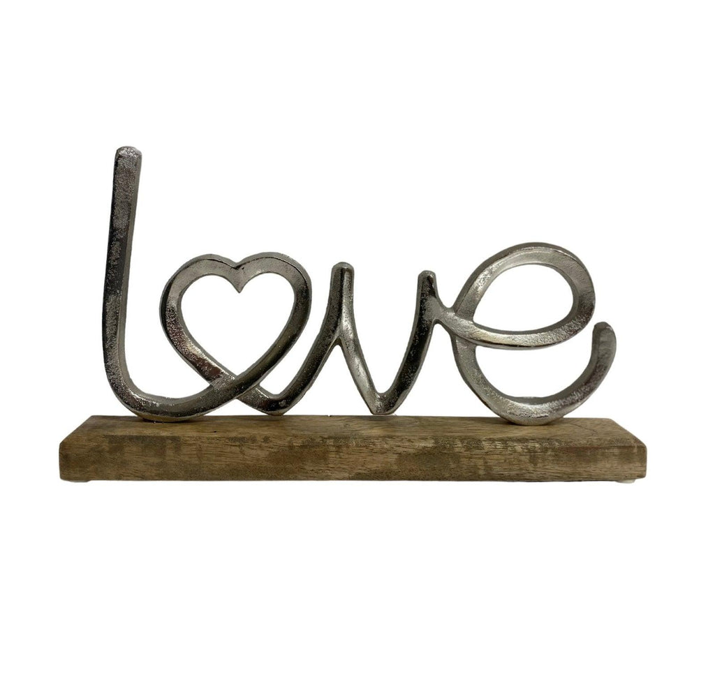 Metal Silver Love Ornament On A Wooden Base - Shades 4 Seasons