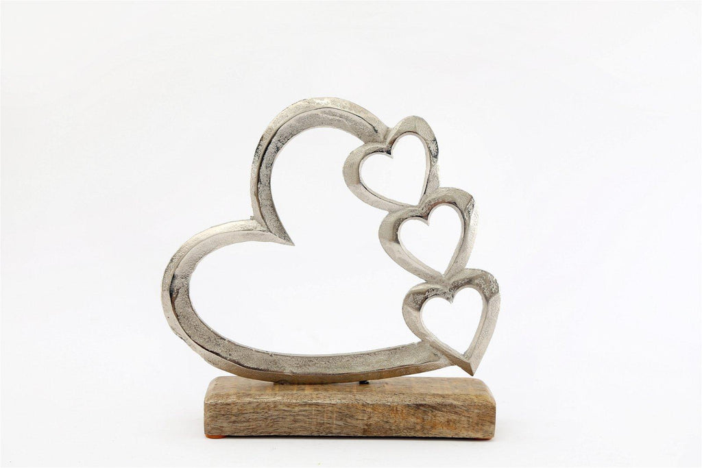 Metal Silver Four Heart Ornament On A Wooden Base Medium - Shades 4 Seasons