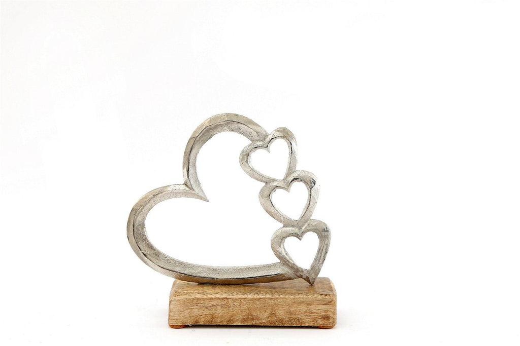 Metal Silver Four Heart Ornament On A Wooden Base Small - Shades 4 Seasons
