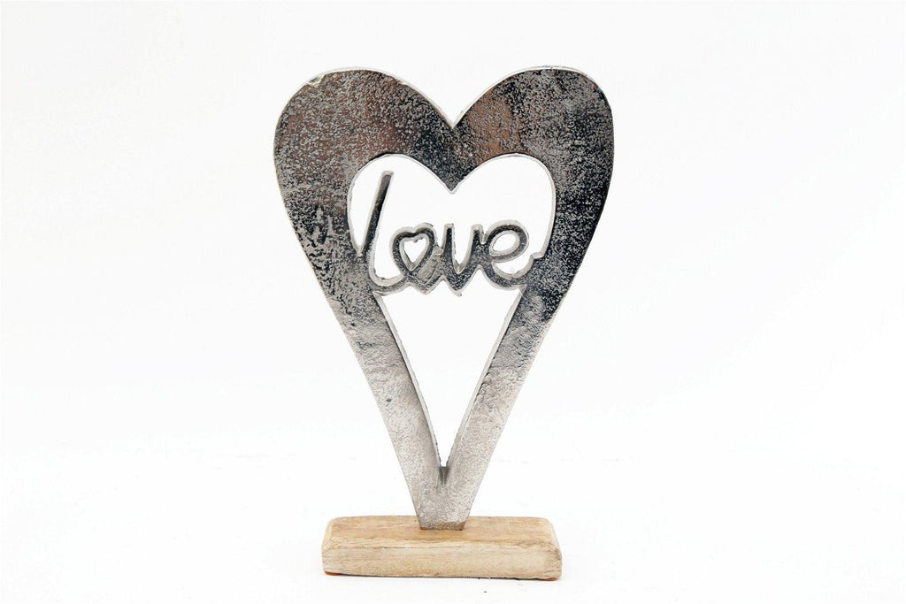 Metal Silver Heart Love On A Wooden Base Large - Shades 4 Seasons
