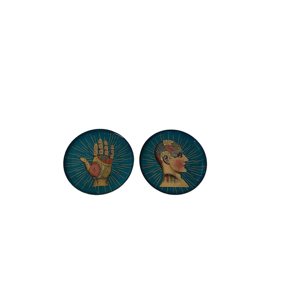 Set of Two Metal Palm and Phrenology Head Round Coasters - Shades 4 Seasons