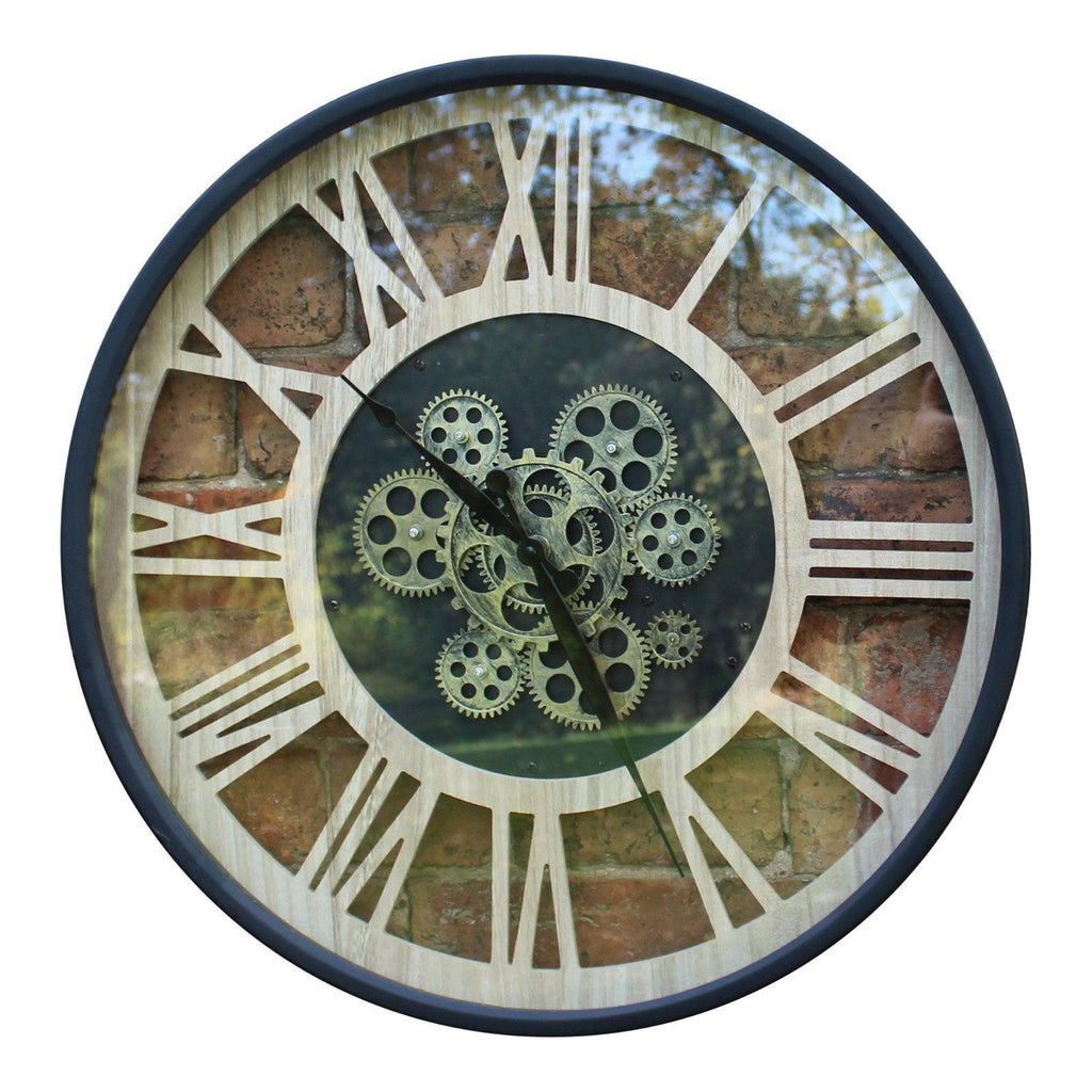 Black and Natural Moving Gear Clock, 57cm. - Shades 4 Seasons