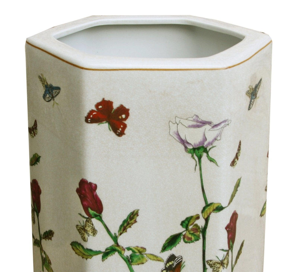 Ceramic Hexagonal Umbrella Stand With Butterfly Design - Shades 4 Seasons