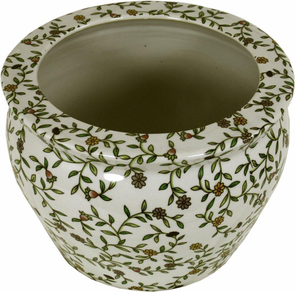 Ceramic Planter, Vintage Green & White Floral Design - Shades 4 Seasons