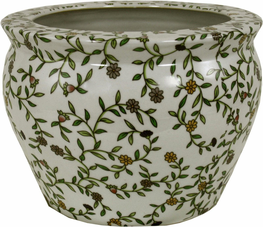 Ceramic Planter, Vintage Green & White Floral Design - Shades 4 Seasons