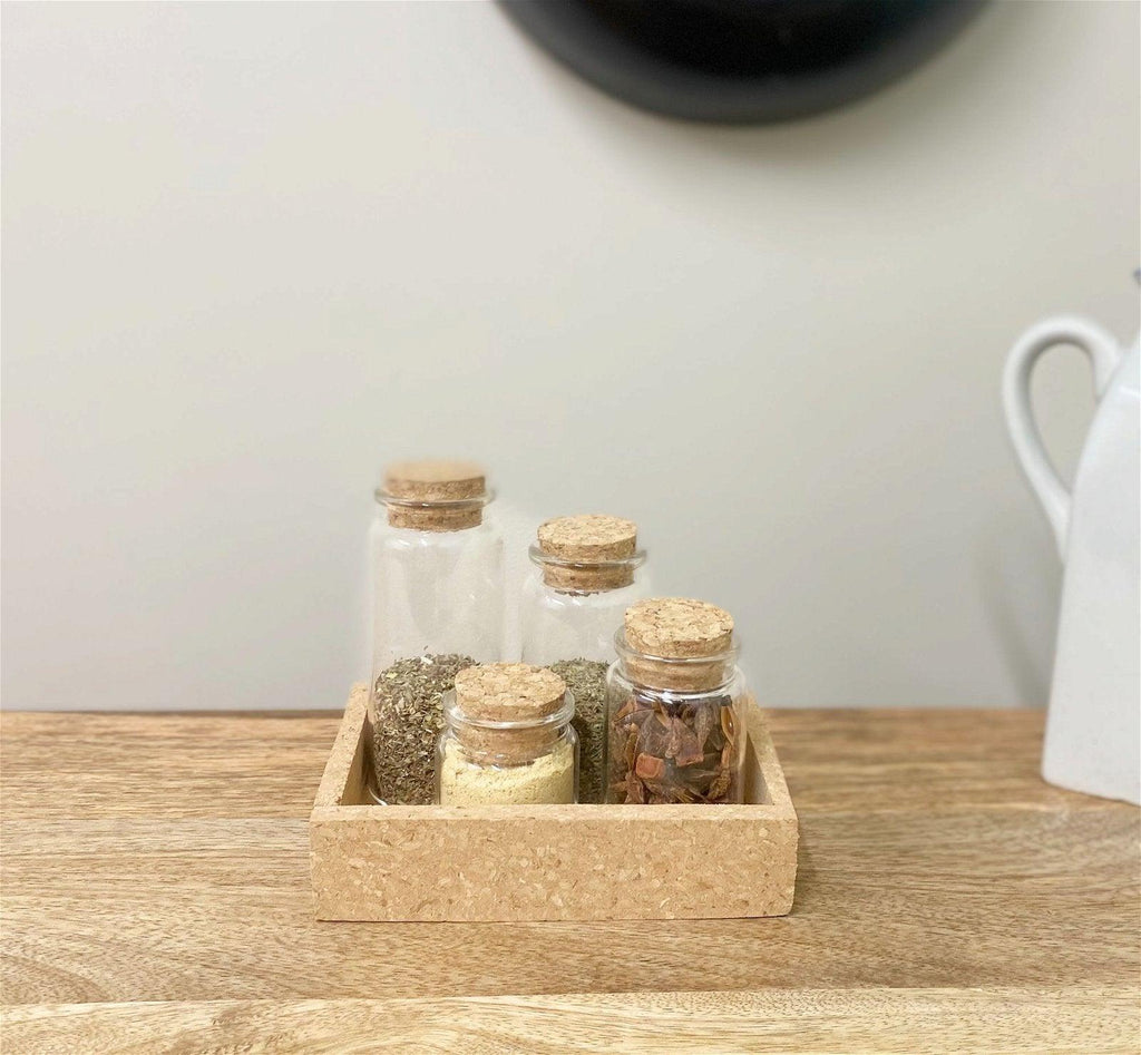 Cork Tray With Four Glass Bottles & Lids - Shades 4 Seasons