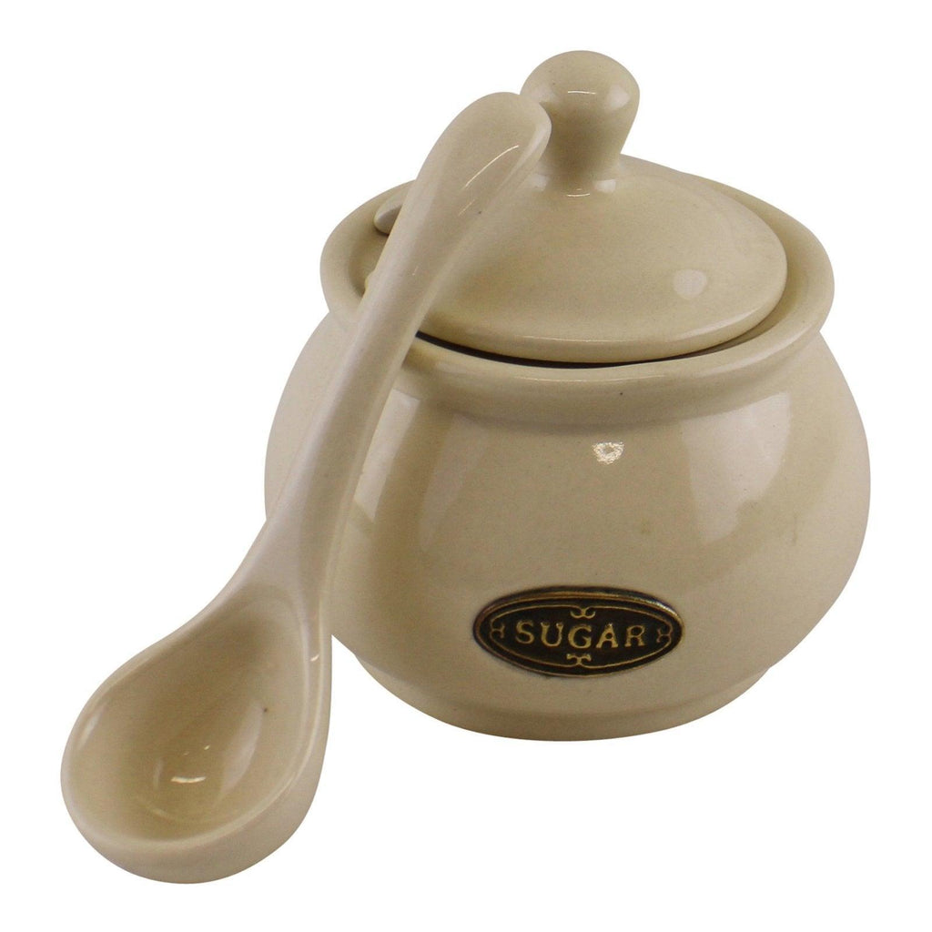 Country Cottage Cream Ceramic Sugar Bowl With Lid & Spoon - Shades 4 Seasons