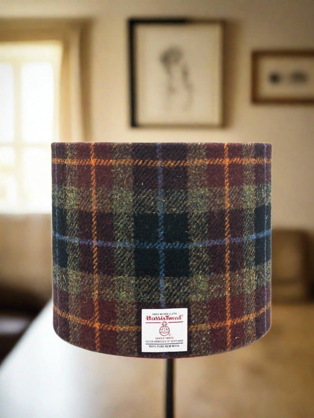 Harris Tweed Drum Lampshade in Brown, Orange and Blue Check Shades 4 Seasons