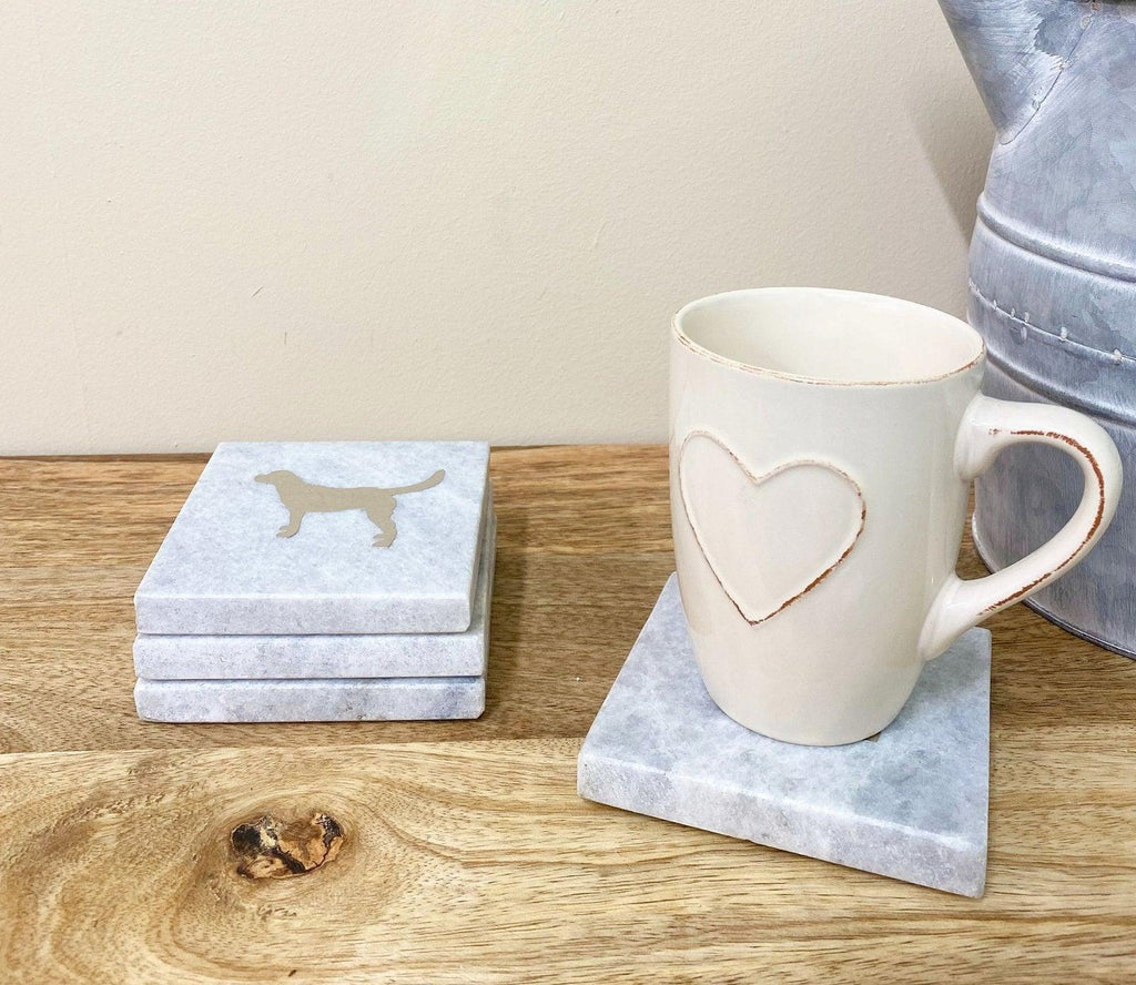 Four Square White Marble Coasters With Gold Dog Design - Shades 4 Seasons