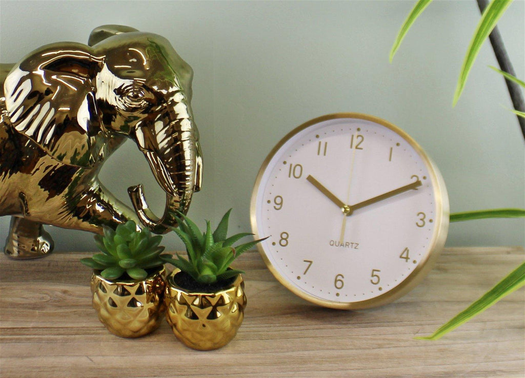 Gold Metal Table Clock, 16cm diameter - Shades 4 Seasons