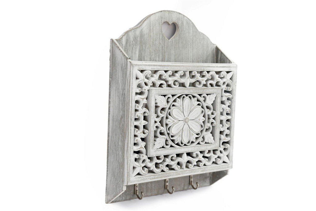 Grey Wooden 3 Hook Key Holder With Cutout Pattern Shelf - Shades 4 Seasons