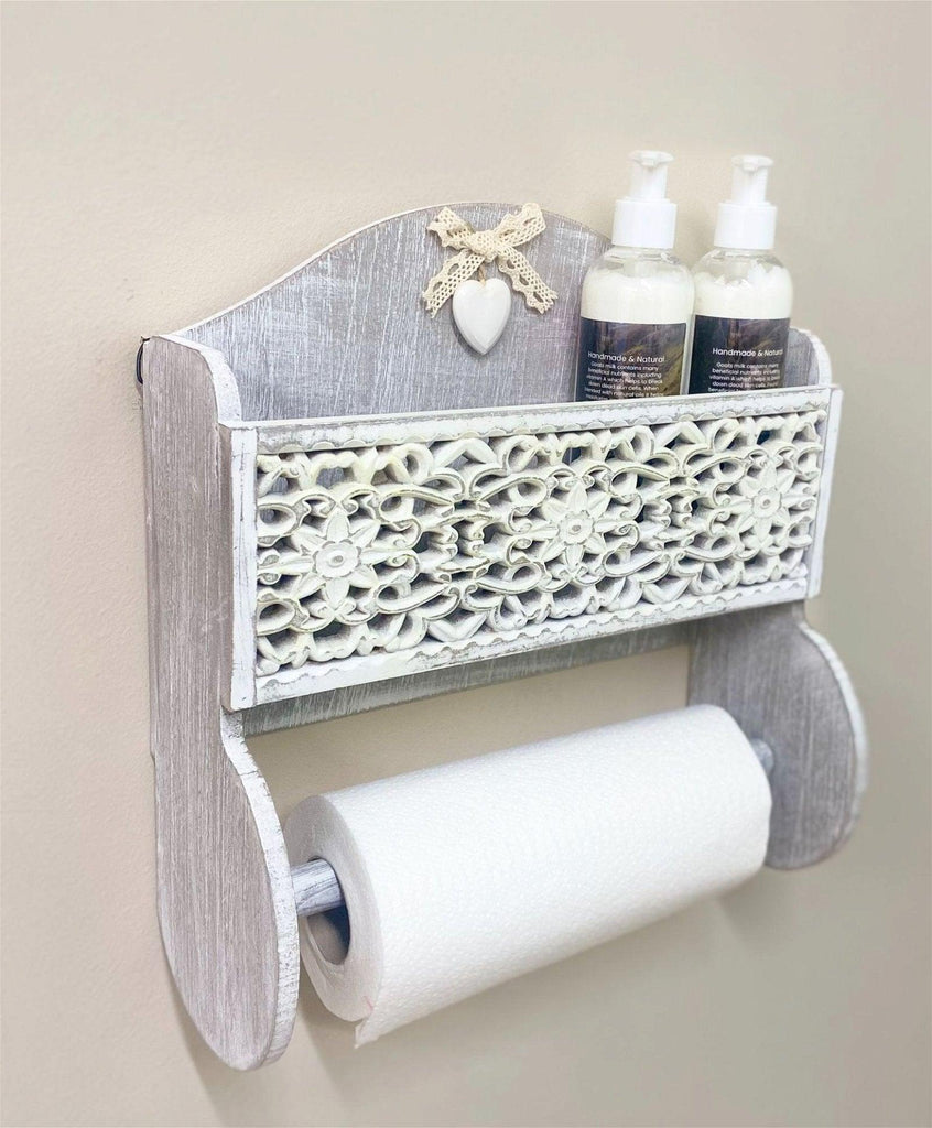 Grey Wooden Kitchen Towel Holder With Cutout Pattern Shelf - Shades 4 Seasons