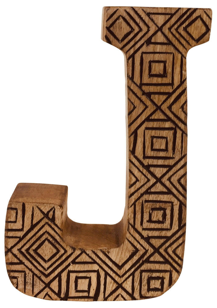 Hand Carved Wooden Geometric Letter J - Shades 4 Seasons