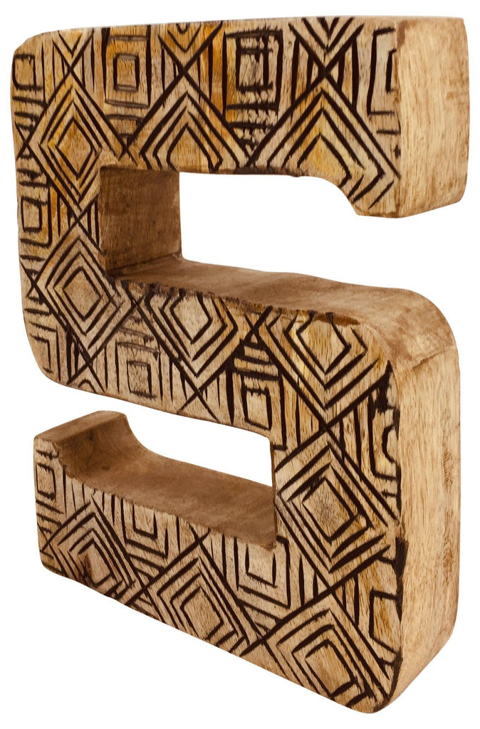 Hand Carved Wooden Geometric Letter S - Shades 4 Seasons