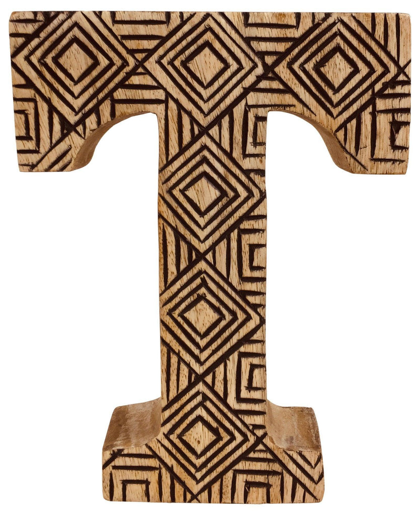 Hand Carved Wooden Geometric Letter T - Shades 4 Seasons