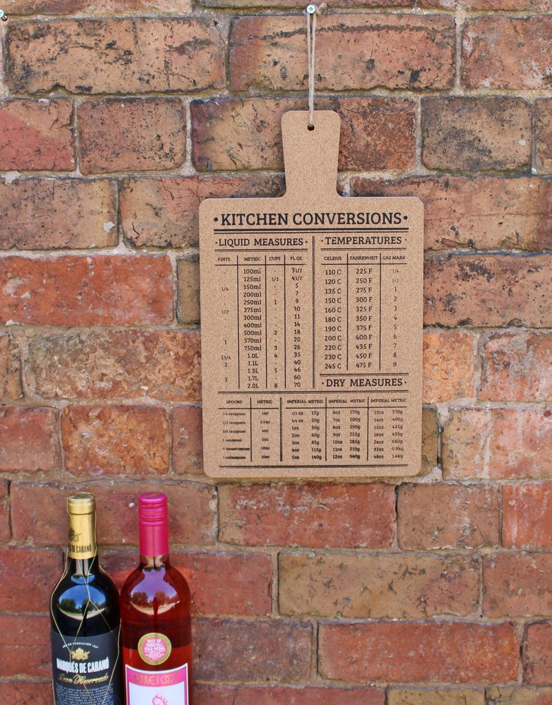 Hanging Cork Board Featuring Kitchen Conversions Chart - Shades 4 Seasons