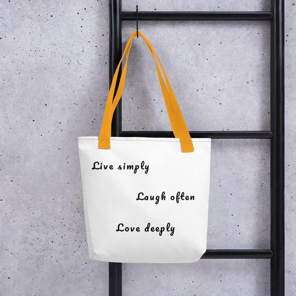 White Fabric Tote Bag. Choice of Black, Red or Yellow handle. Inspirational Quote. Shades 4 Seasons