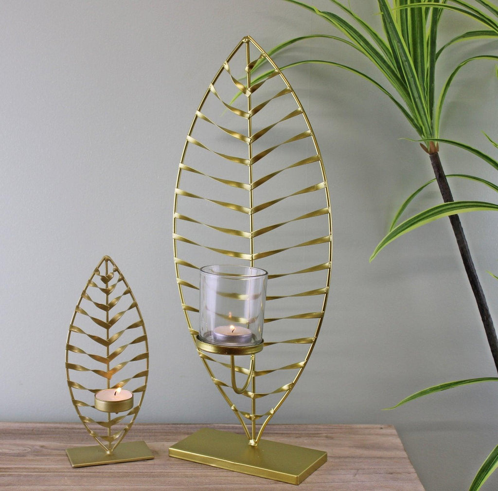 Large Gold Leaf Candle Holder with Glass Jar - Shades 4 Seasons