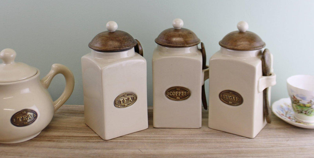Large Tea, Coffee & Sugar Canisters With Spoons - Shades 4 Seasons