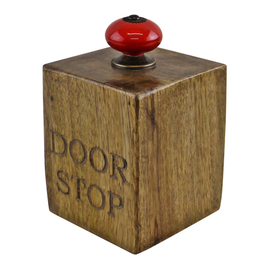 Mango Wood Doorstop With Red Ceramic Knob - Shades 4 Seasons