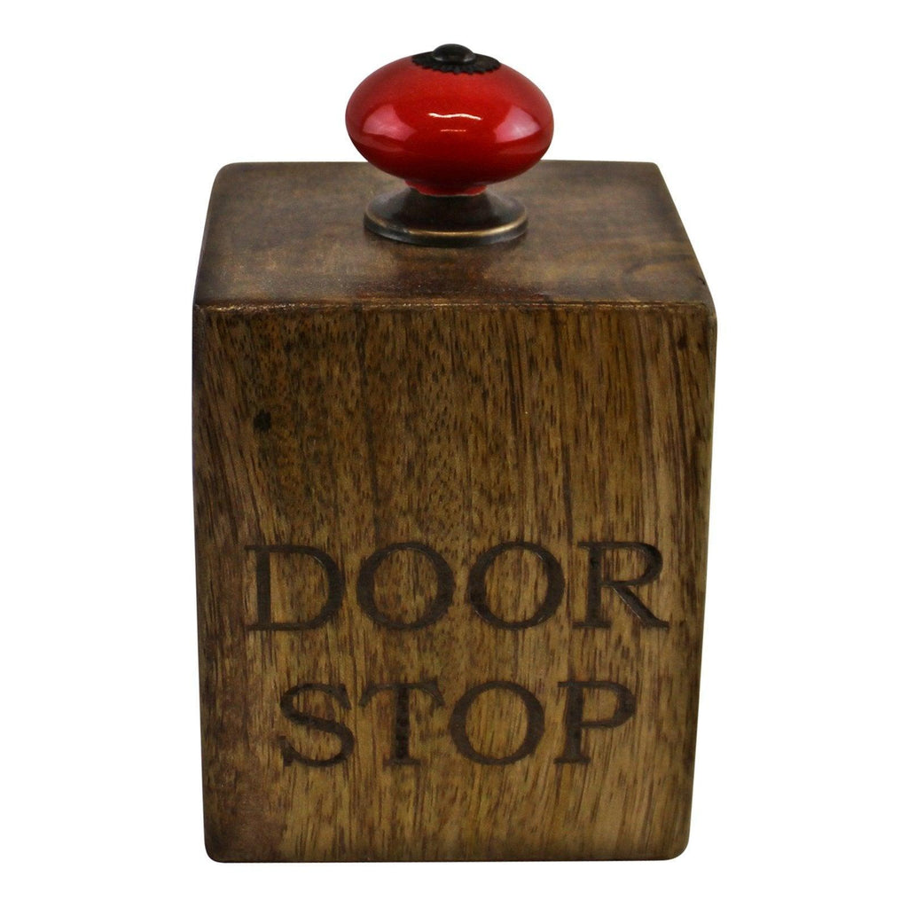 Mango Wood Doorstop With Red Ceramic Knob - Shades 4 Seasons