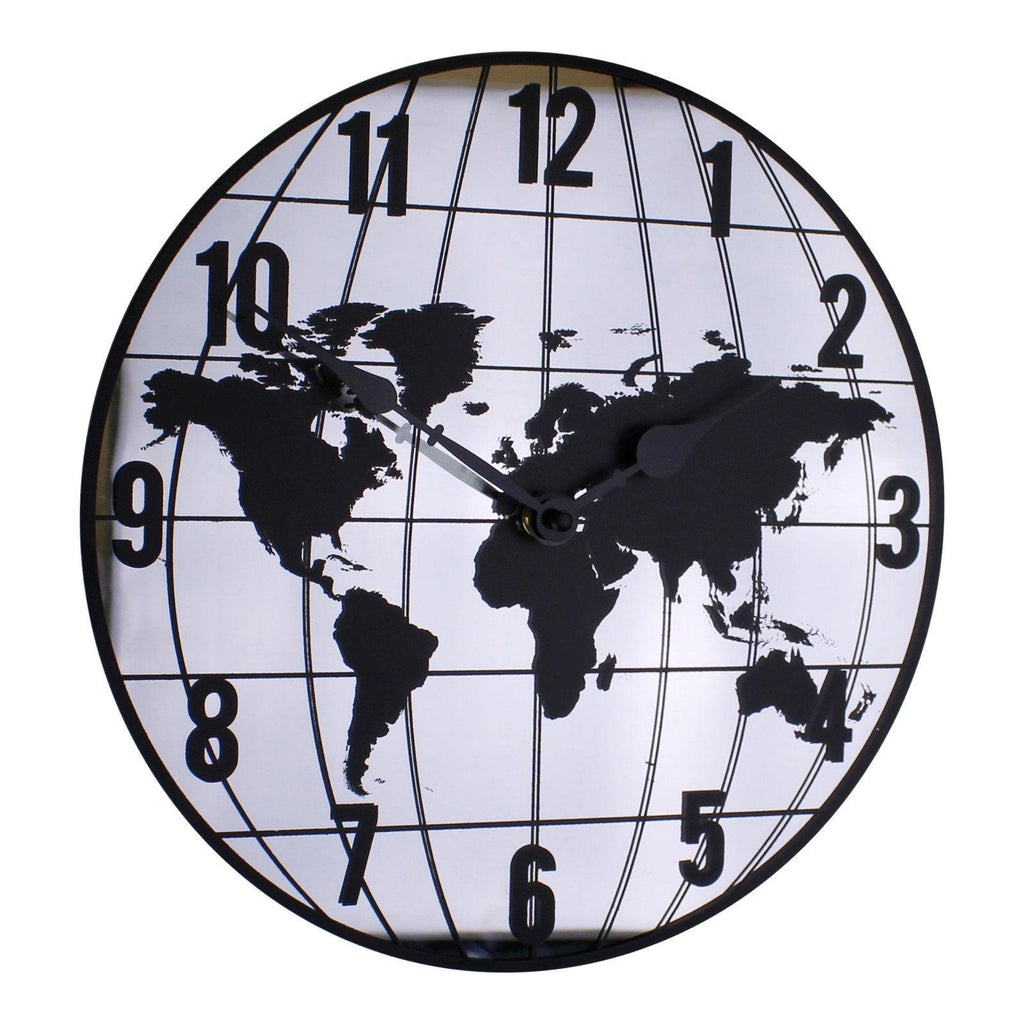 Mirrored Clock Featuring Map Of The World Design 30cm - Shades 4 Seasons