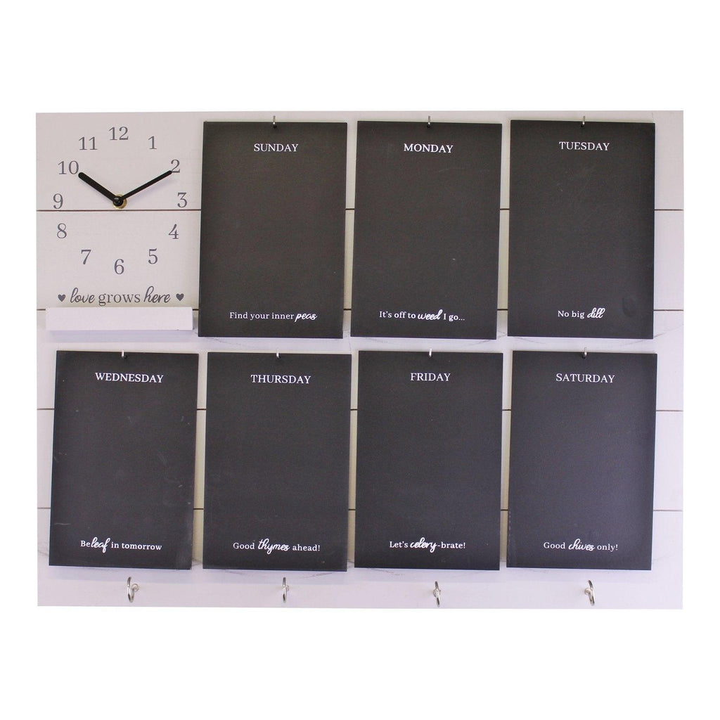 Potting Shed Weekly Reminder Chalkboard With Clock & Hooks, White - Shades 4 Seasons