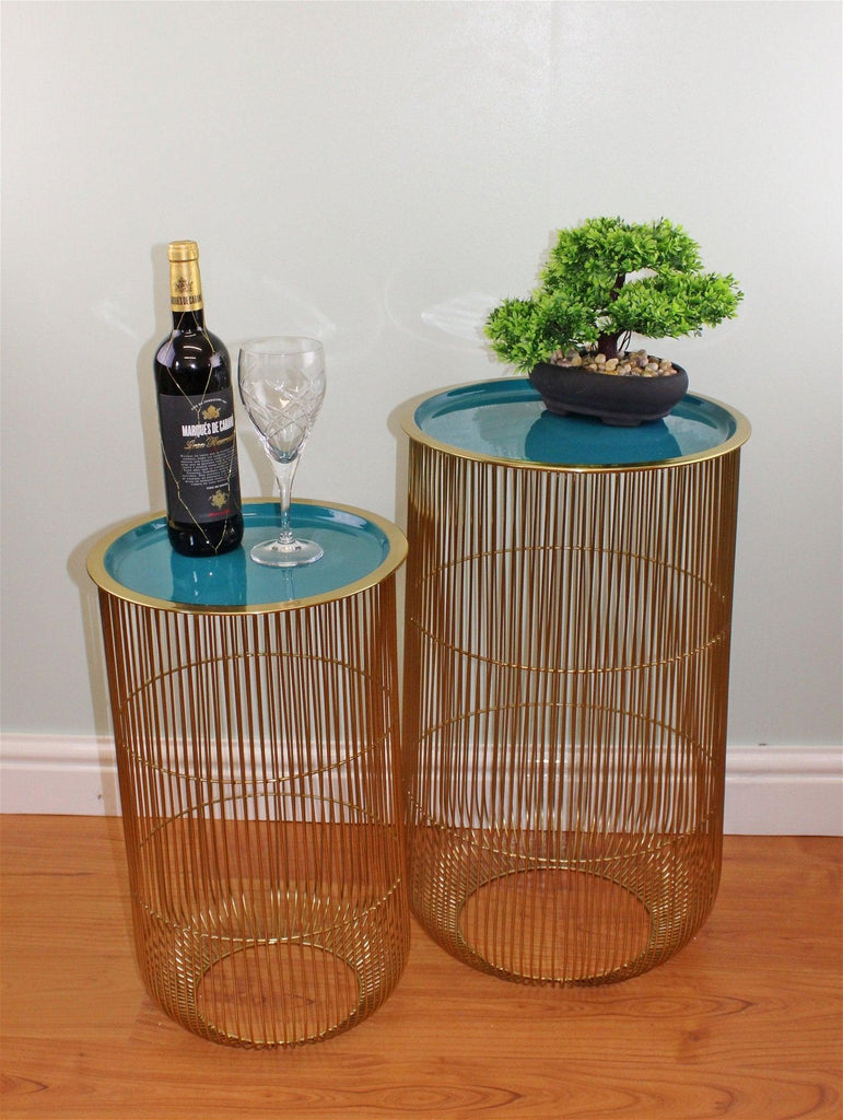 Set of 2 Decorative Side Tables in Gold & Teal - Shades 4 Seasons