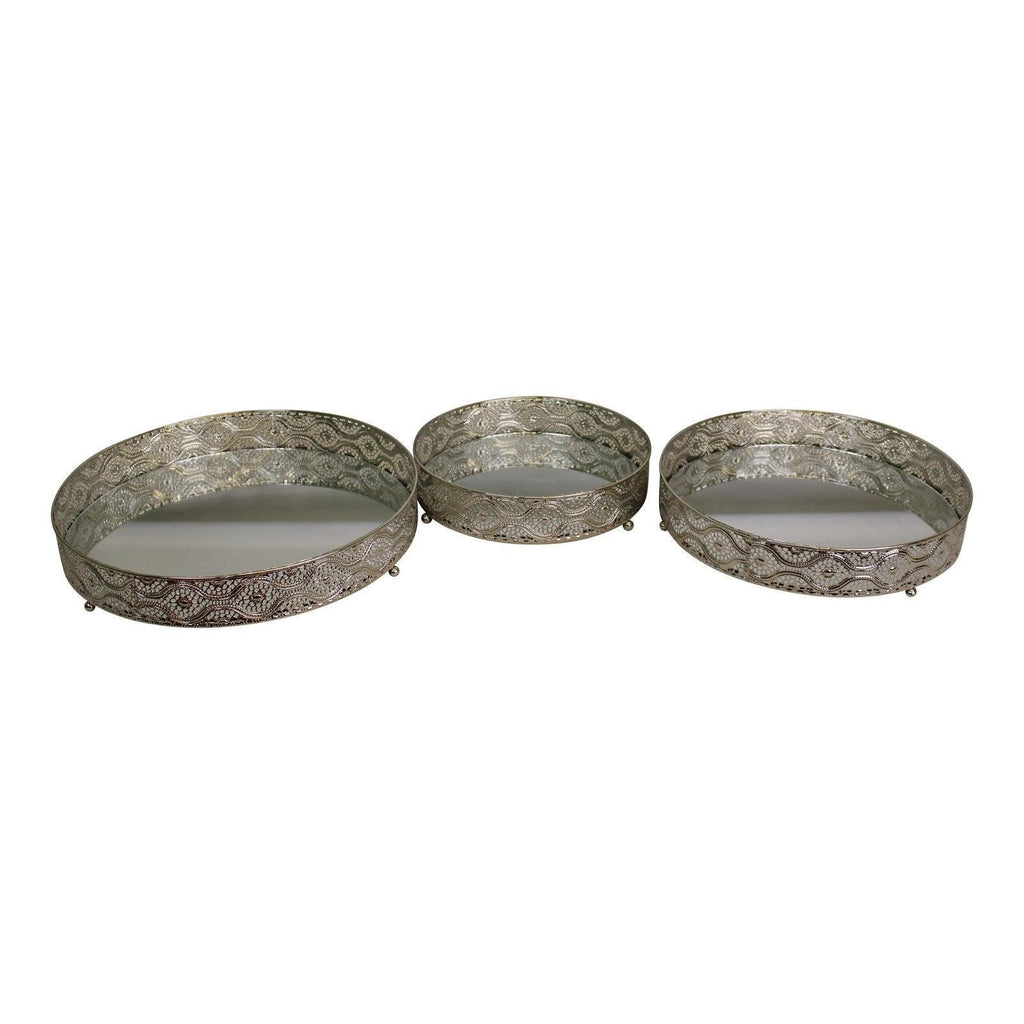 Set Of 3 Silver Metal and Mirrored Candle Plates - Shades 4 Seasons