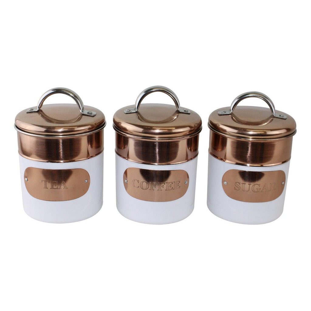 Set of 3 Tea, Coffee & Sugar Canisters, Copper & White Metal Design - Shades 4 Seasons