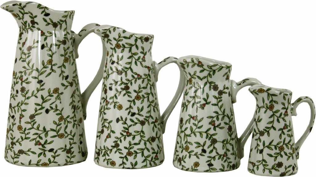 Set of 4 Ceramic Jugs, Vintage Green & White Floral Design - Shades 4 Seasons