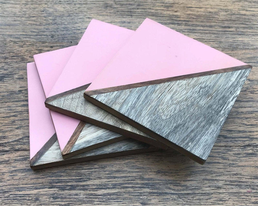 Set Of 4 Square Two Toned Wooden Coasters - Pink - Shades 4 Seasons