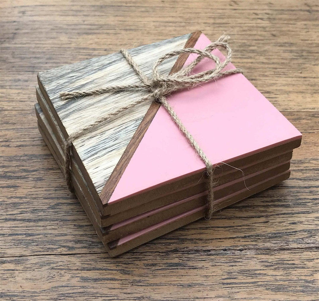 Set Of 4 Square Two Toned Wooden Coasters - Pink - Shades 4 Seasons