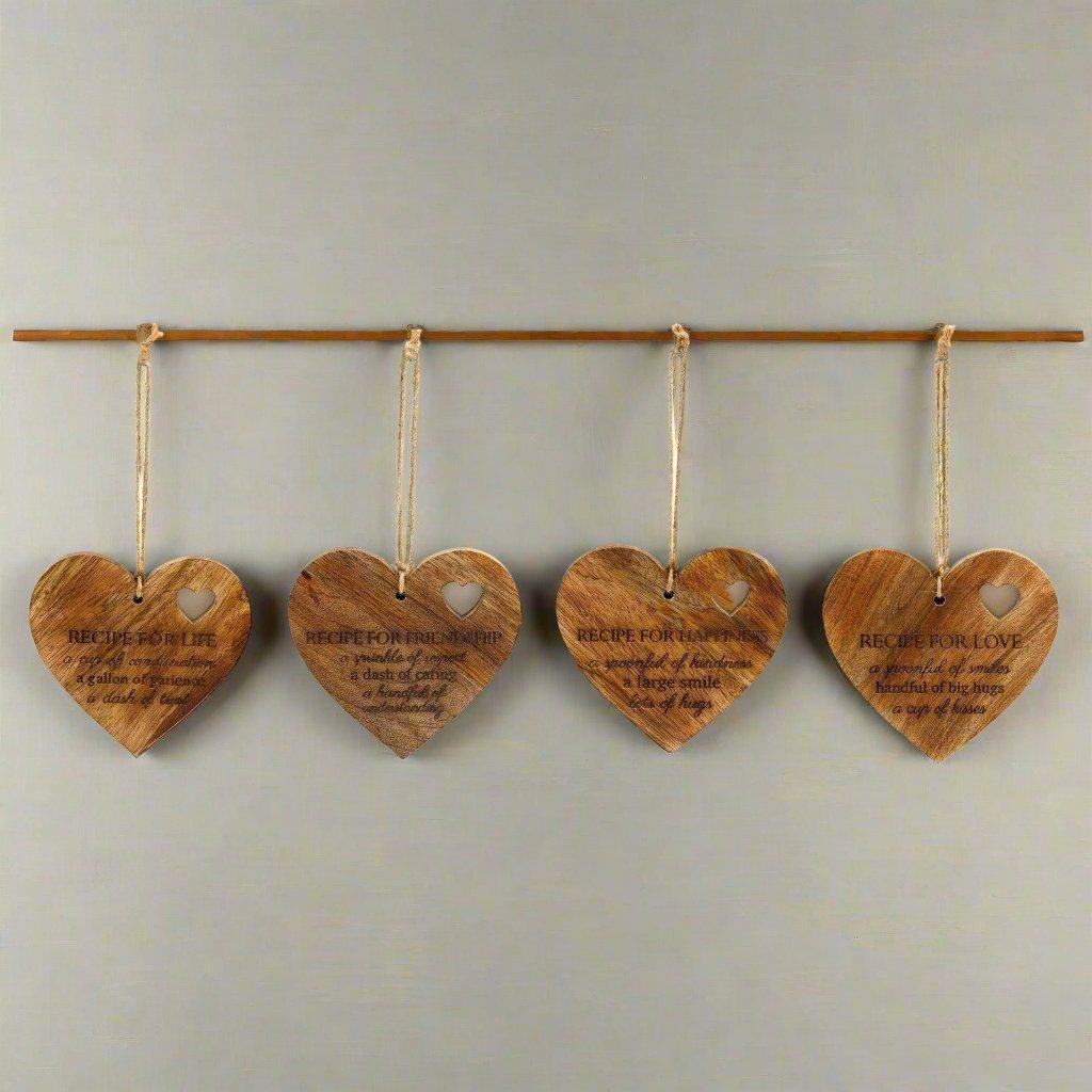 Set of 4 Wood Hanging Black Etched Life Recipe Heart Plaque Geko Products