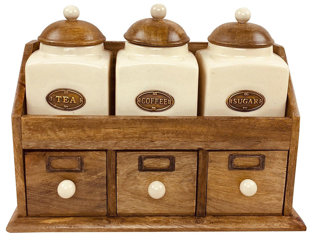 Three Ceramic Jars With Wooden Drawers - Shades 4 Seasons
