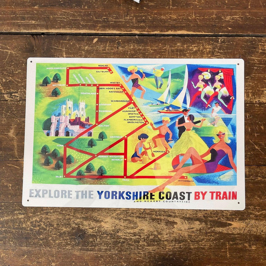 Vintage Metal Sign - British Railways Retro Advertising, Explore The Yorkshire Coast - Shades 4 Seasons