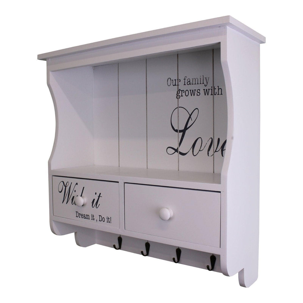 Wall Unit in White with Hooks, Drawers & Shelf - Shades 4 Seasons