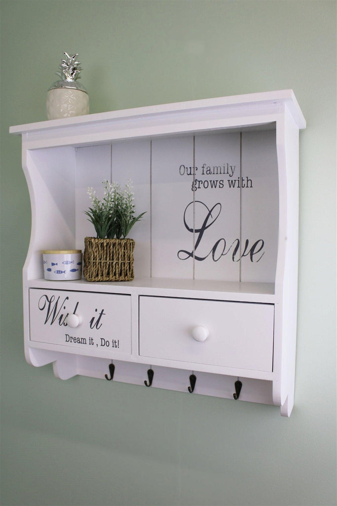 Wall Unit in White with Hooks, Drawers & Shelf - Shades 4 Seasons
