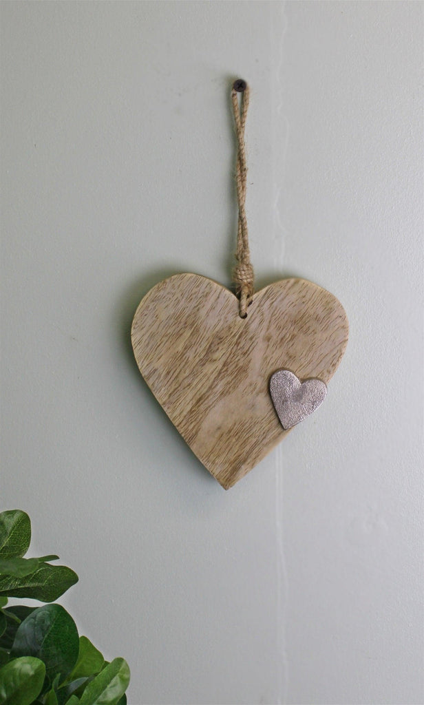 Wooden Hanging Heart Ornament with Silver Heart - Shades 4 Seasons