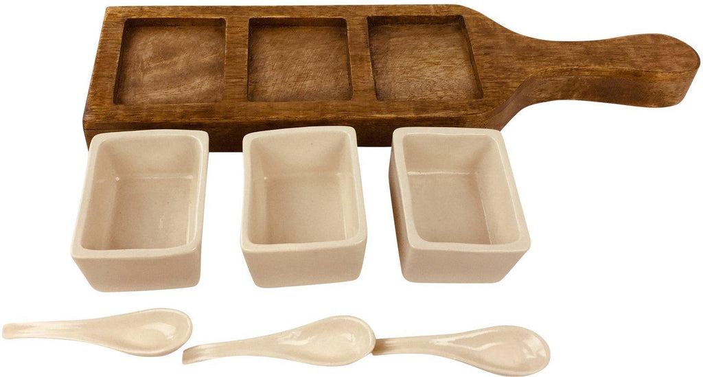Wooden Tray With Dip Bowls & Spoons 36cm - Shades 4 Seasons